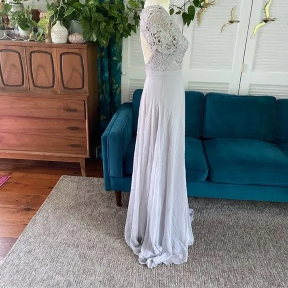 Maniju Lulus Savannah Days Short Sleeve Open Back Gown Maxi Dress Grey Gray New