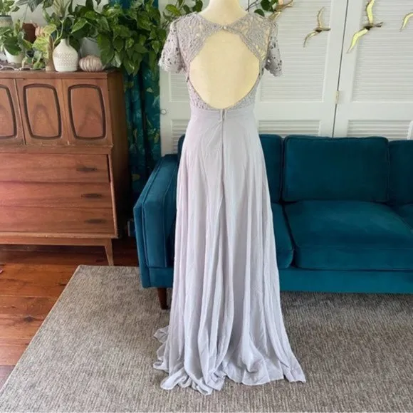 Maniju Lulus Savannah Days Short Sleeve Open Back Gown Maxi Dress Grey Gray New