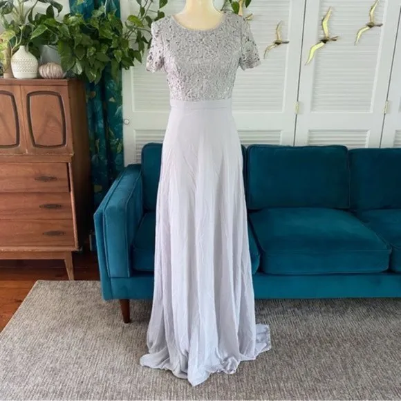 Maniju Lulus Savannah Days Short Sleeve Open Back Gown Maxi Dress Grey Gray New