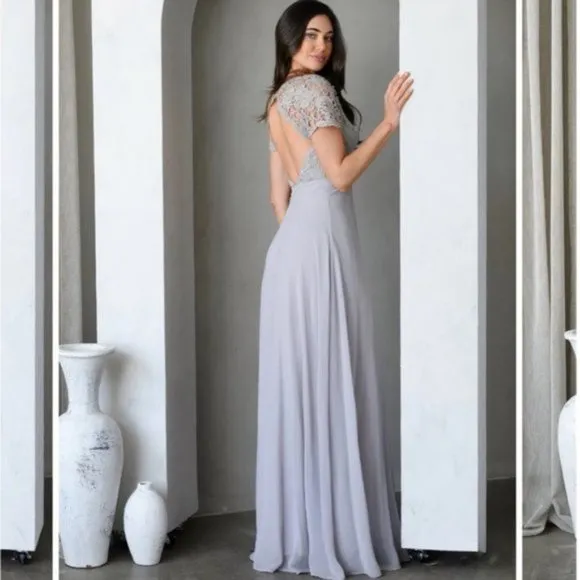 Maniju Lulus Savannah Days Short Sleeve Open Back Gown Maxi Dress Grey Gray New