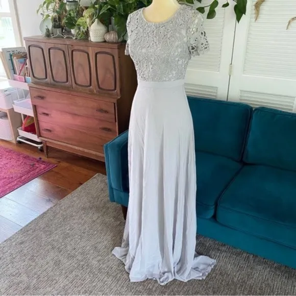 Maniju Lulus Savannah Days Short Sleeve Open Back Gown Maxi Dress Grey Gray New