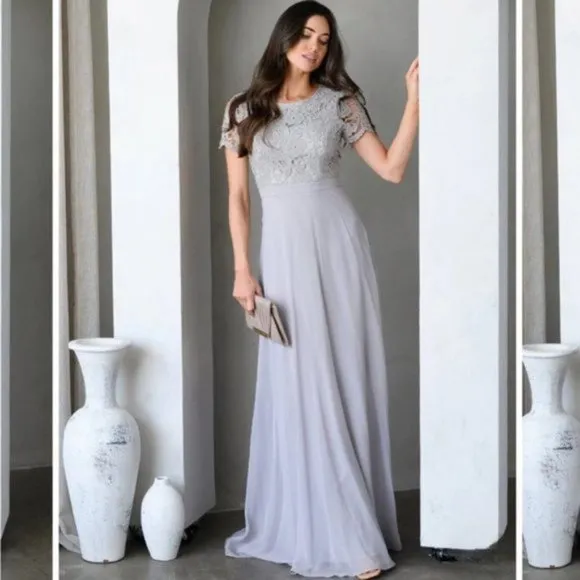 Maniju Lulus Savannah Days Short Sleeve Open Back Gown Maxi Dress Grey Gray New