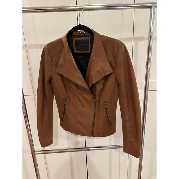 Marc New York Brown Leather Moto Jacket with Zipper Details Size M