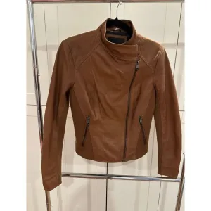 Marc New York Brown Leather Moto Jacket with Zipper Details Size M
