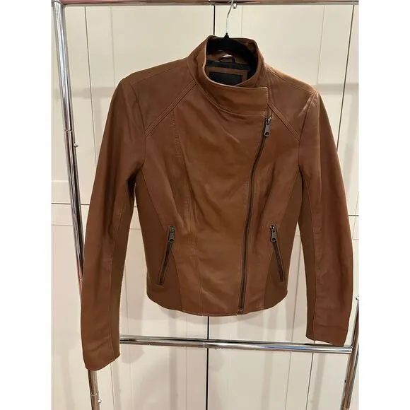 Marc New York Brown Leather Moto Jacket with Zipper Details Size M
