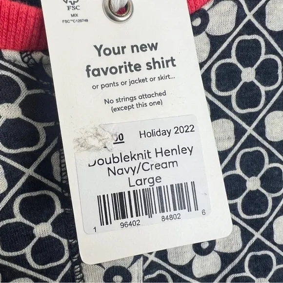 Marine Layer NWT Doubleknit Henley Top, Navy/Cream L - Long Sleeve, Contrast