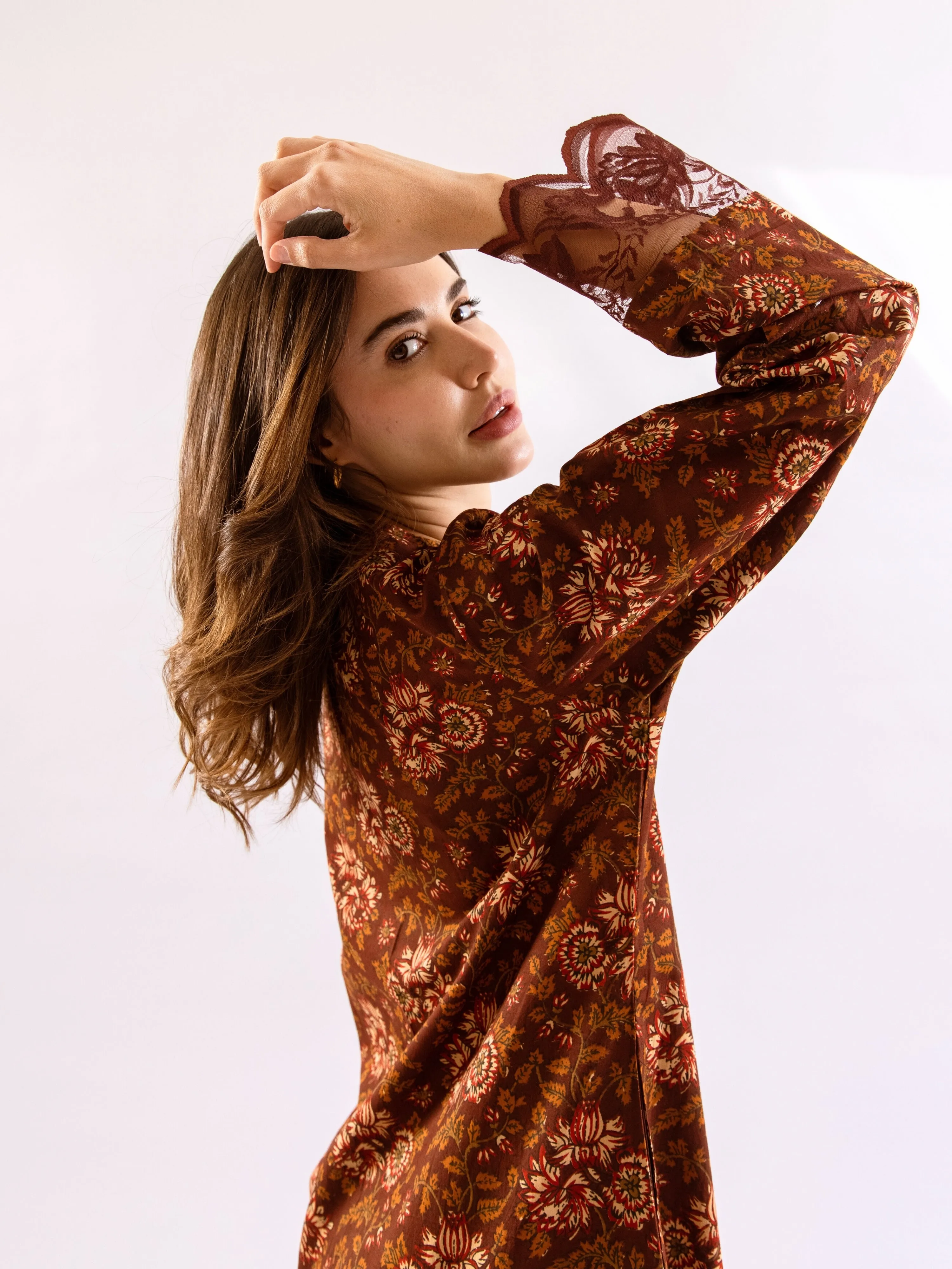 Maroon Rosy Dreams lace Pure Cotton V neck Night Maxi