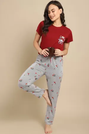 Maroon Striped Viscose Rayon Night Suit for Women | S-XL | Claura