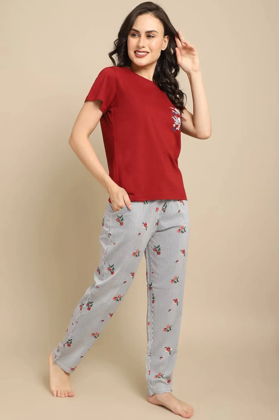 Maroon Striped Viscose Rayon Night Suit for Women | S-XL | Claura