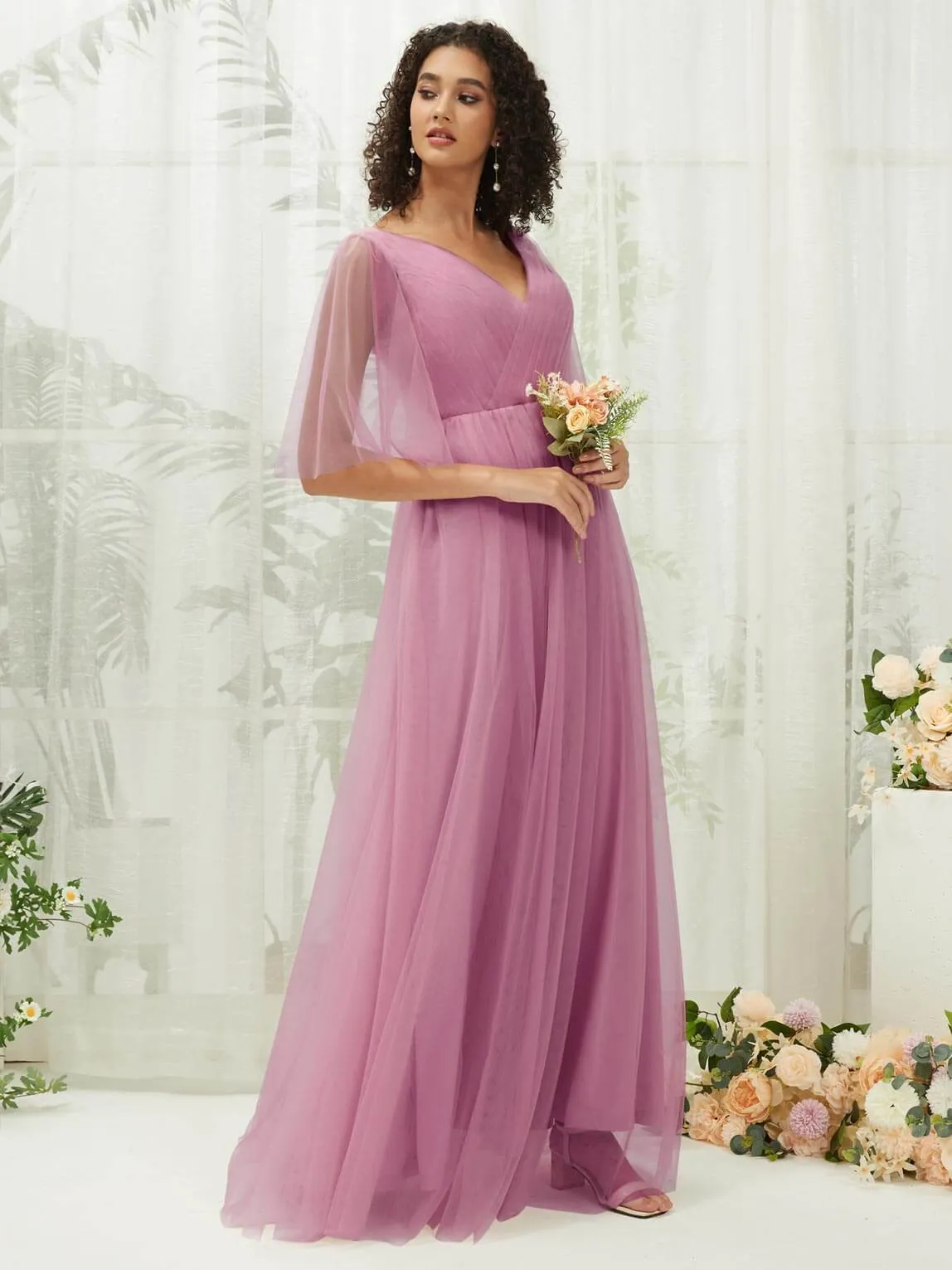 Mauve Ruffle Sleeves Tulle Maxi Bridesmaid Dresses With Pocket