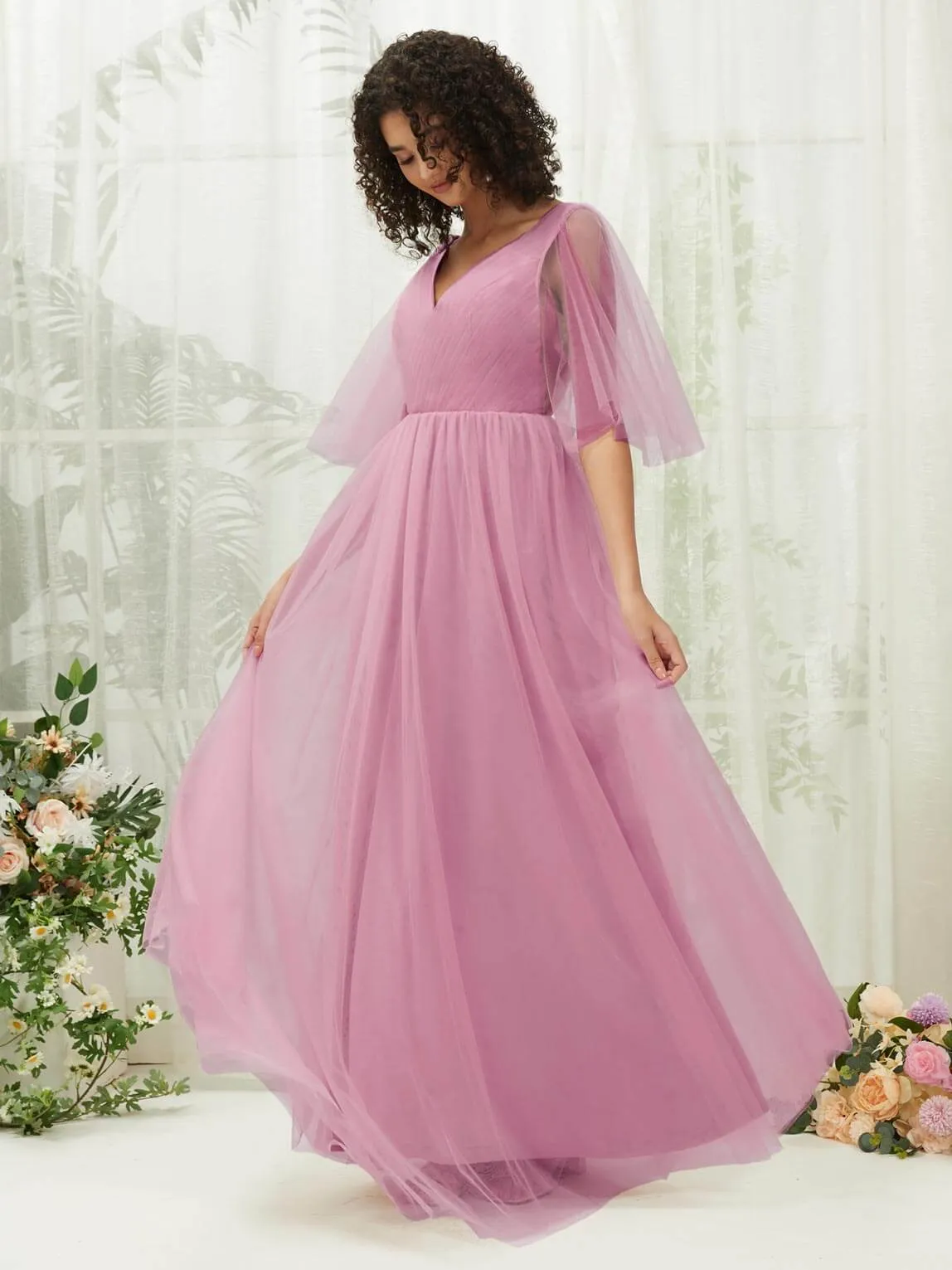 Mauve Ruffle Sleeves Tulle Maxi Bridesmaid Dresses With Pocket