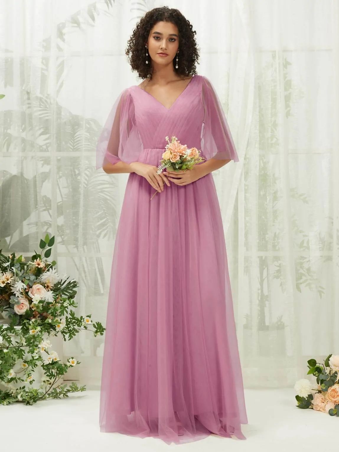 Mauve Ruffle Sleeves Tulle Maxi Bridesmaid Dresses With Pocket