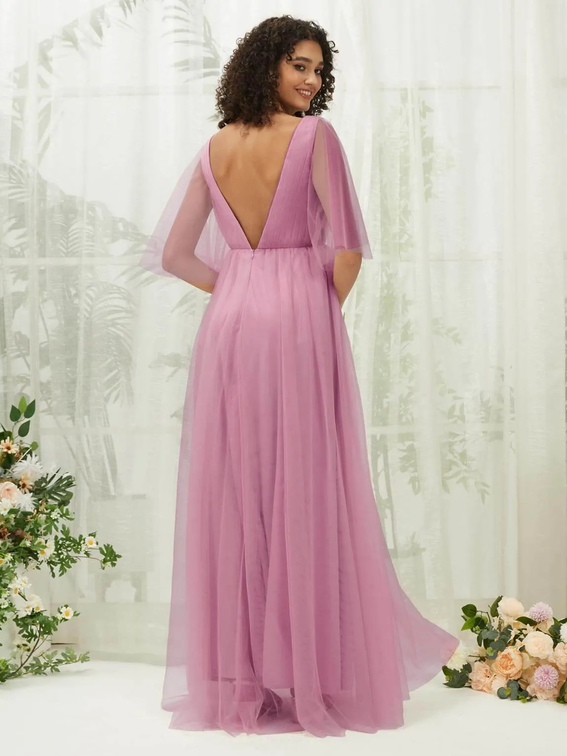 Mauve Ruffle Sleeves Tulle Maxi Bridesmaid Dresses With Pocket