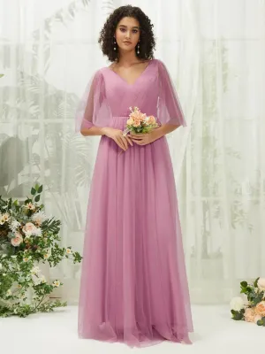 Mauve Ruffle Sleeves Tulle Maxi Bridesmaid Dresses With Pocket