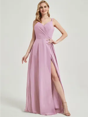 Mauve Spaghetti Straps V-Neck Slit Lace Chiffon Maxi Bridesmaid Dress