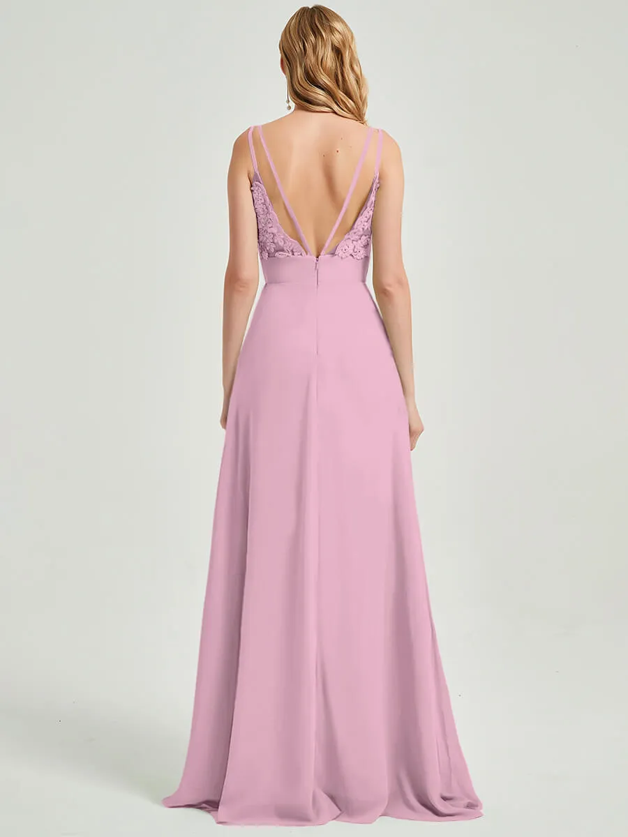 Mauve Spaghetti Straps V-Neck Slit Lace Chiffon Maxi Bridesmaid Dress