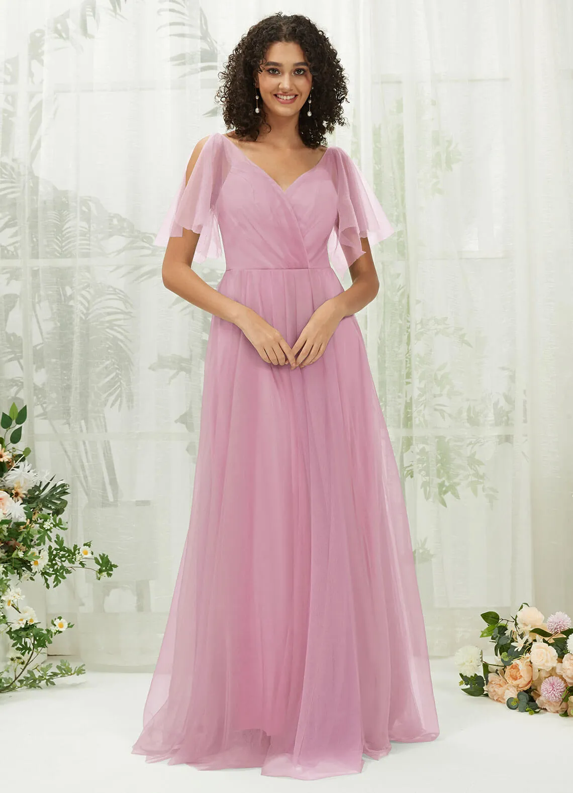 Mauve Tulle Sweetheart Ruffle Sleeve Pocket Maxi Bridesmaid Dress