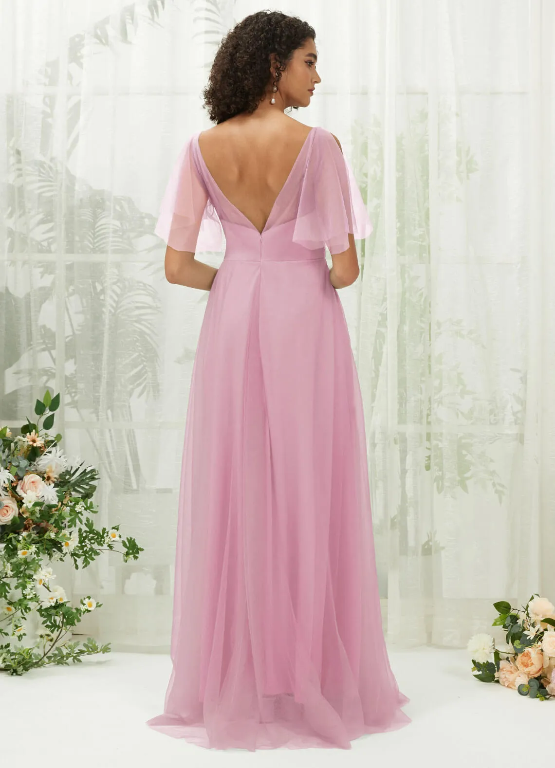 Mauve Tulle Sweetheart Ruffle Sleeve Pocket Maxi Bridesmaid Dress