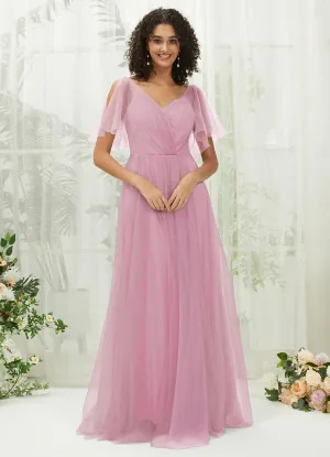 Mauve Tulle Sweetheart Ruffle Sleeve Pocket Maxi Bridesmaid Dress