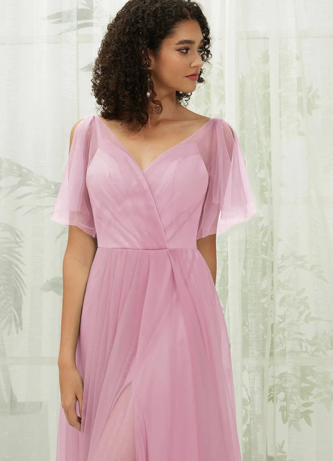 Mauve Tulle Sweetheart Ruffle Sleeve Pocket Maxi Bridesmaid Dress