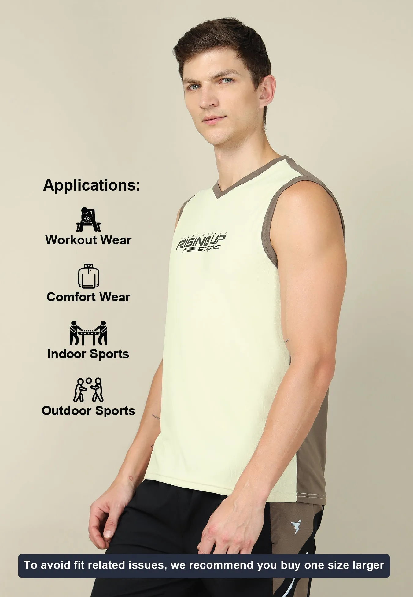 Men Solid Slim Fit V Neck Sleeveless T-shirt with TECHNO COOL  