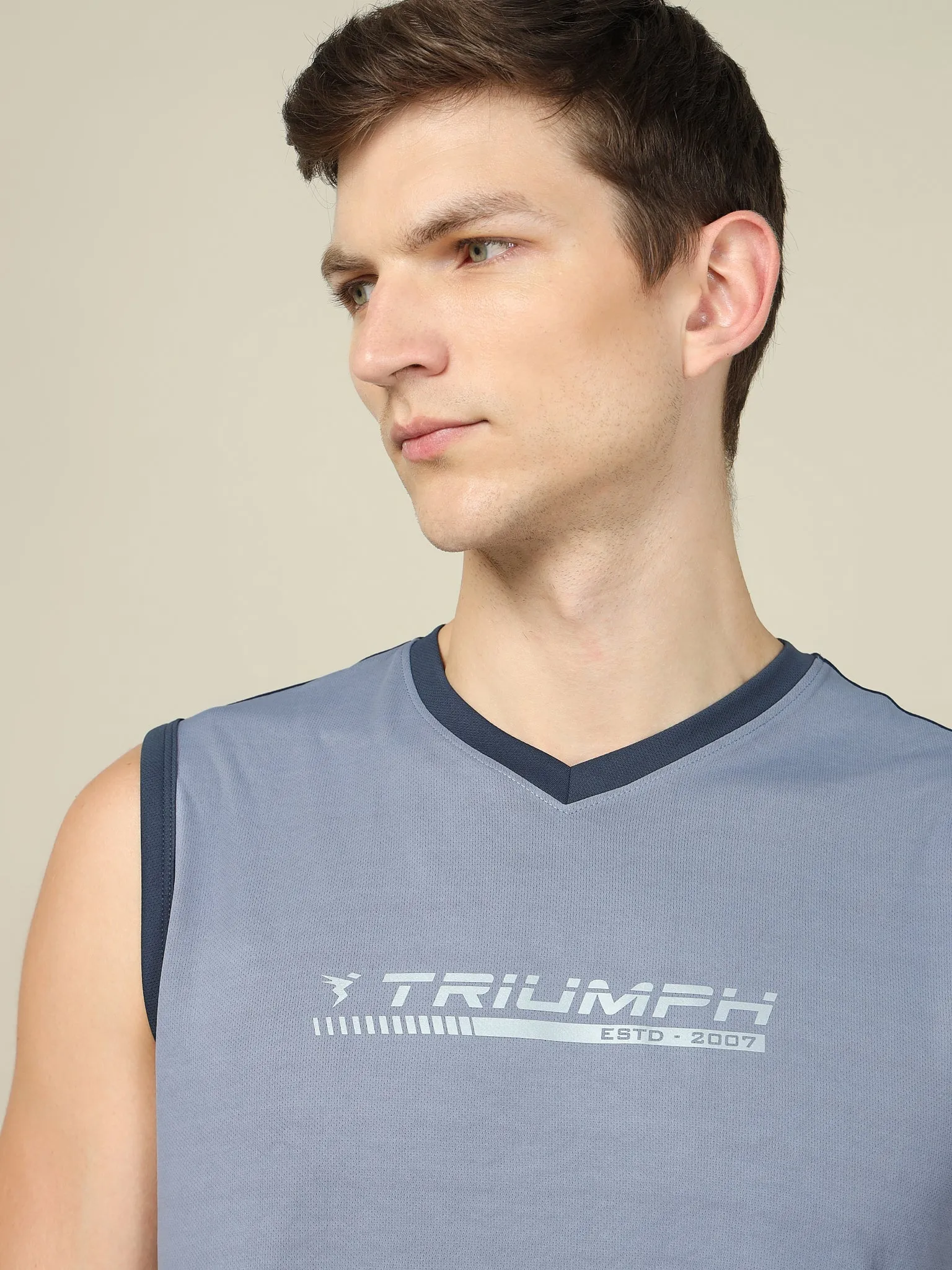 Men Solid Slim Fit V Neck Sleeveless T-shirt with TECHNO COOL  