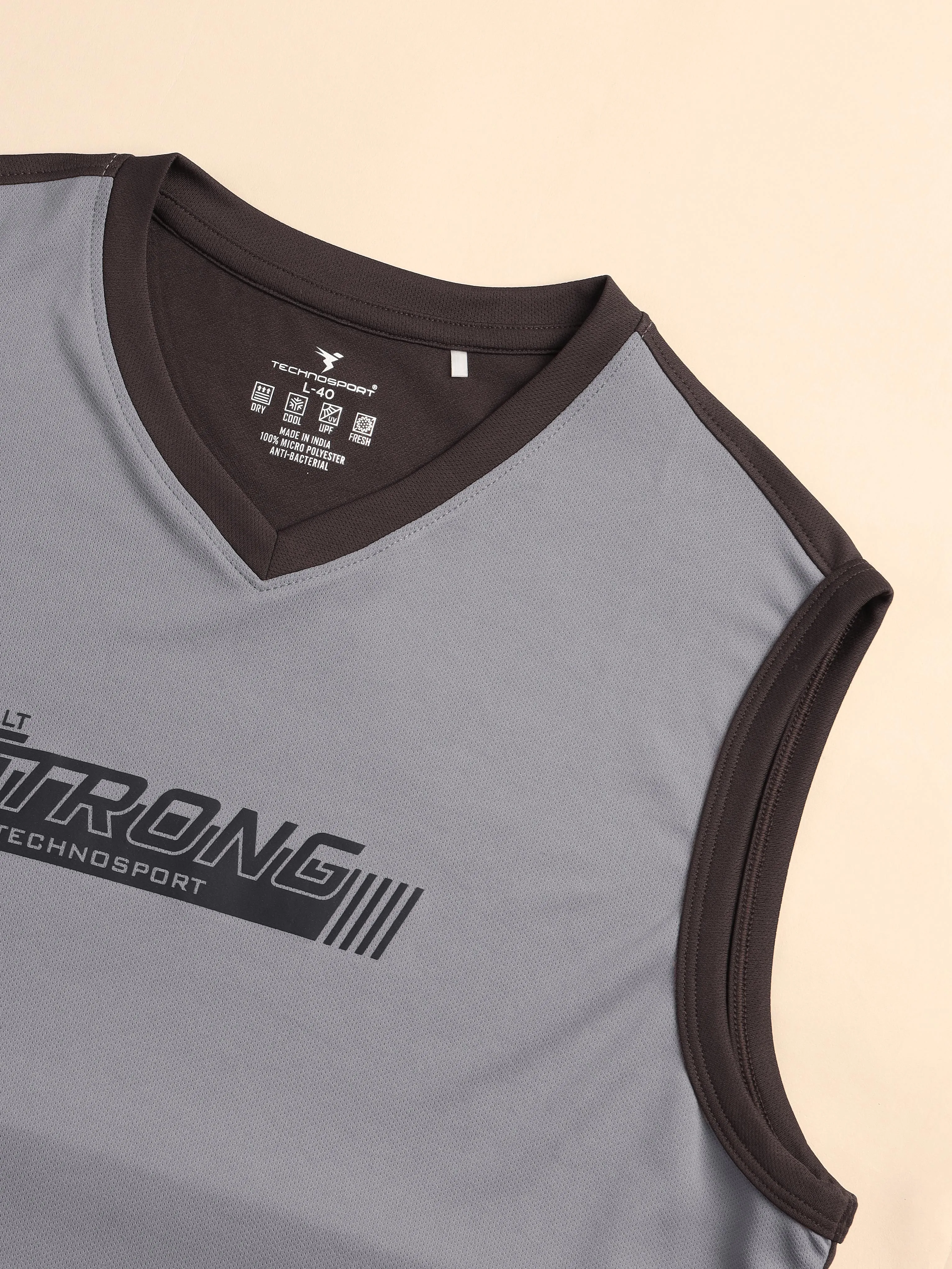 Men Solid Slim Fit V Neck Sleeveless T-shirt with TECHNO COOL  