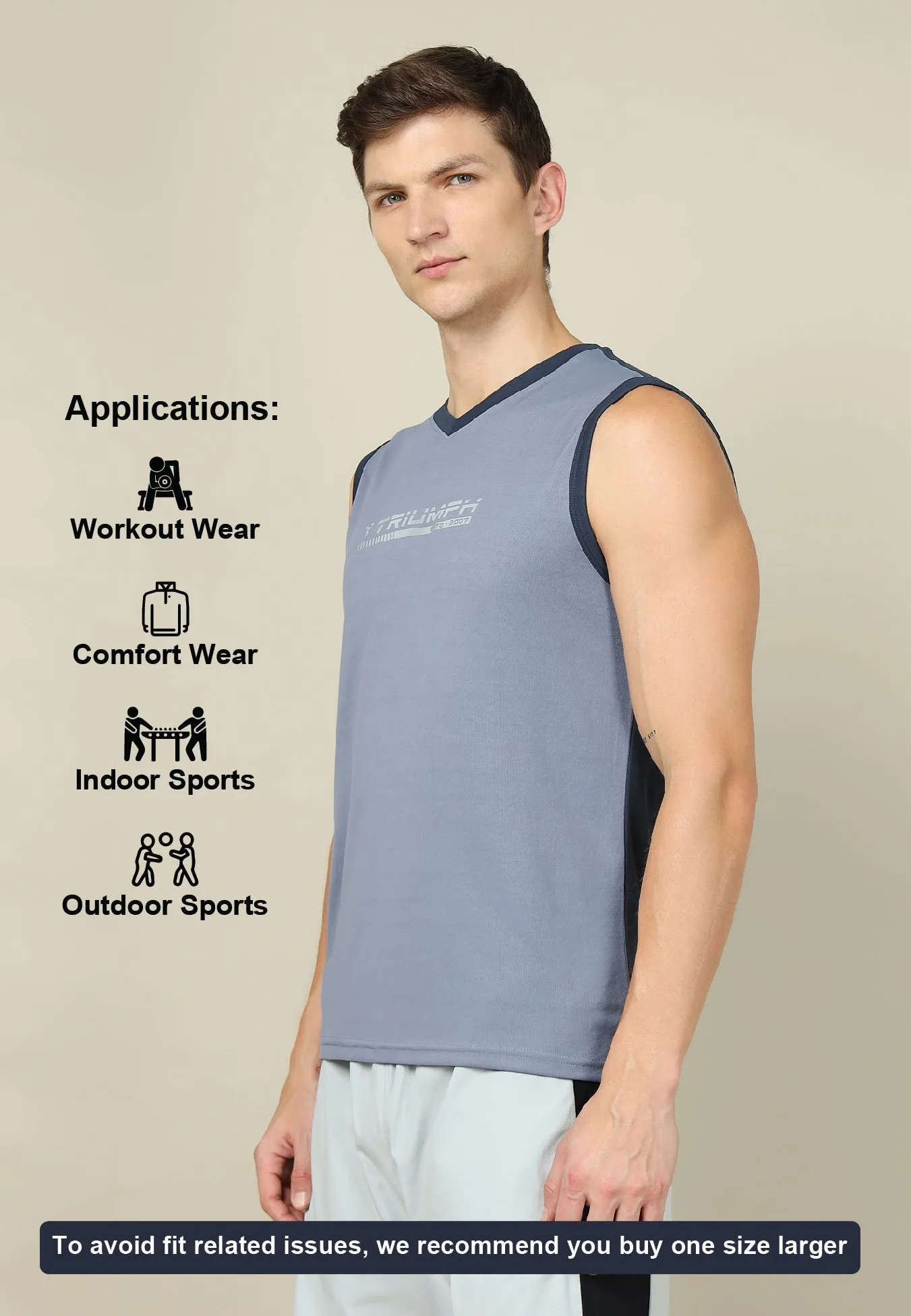 Men Solid Slim Fit V Neck Sleeveless T-shirt with TECHNO COOL  