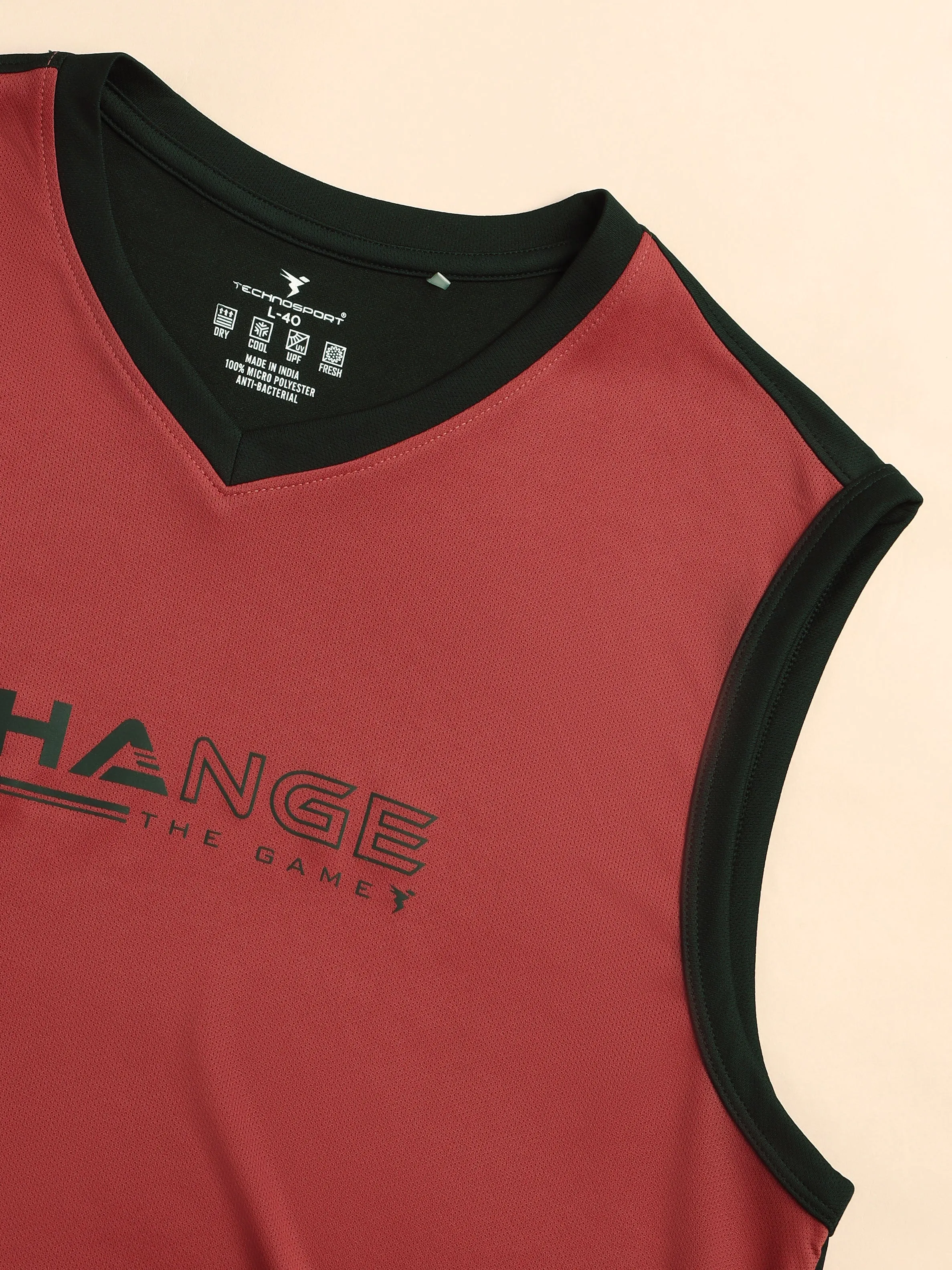 Men Solid Slim Fit V Neck Sleeveless T-shirt with TECHNO COOL  