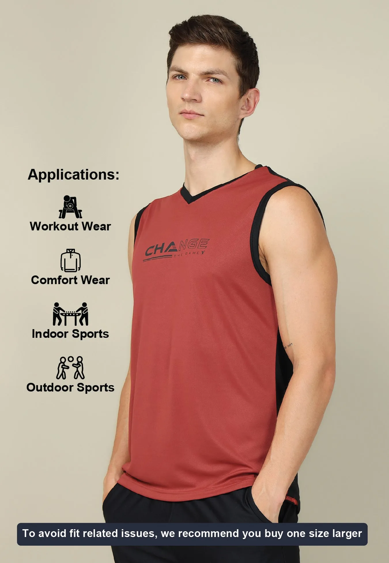 Men Solid Slim Fit V Neck Sleeveless T-shirt with TECHNO COOL  
