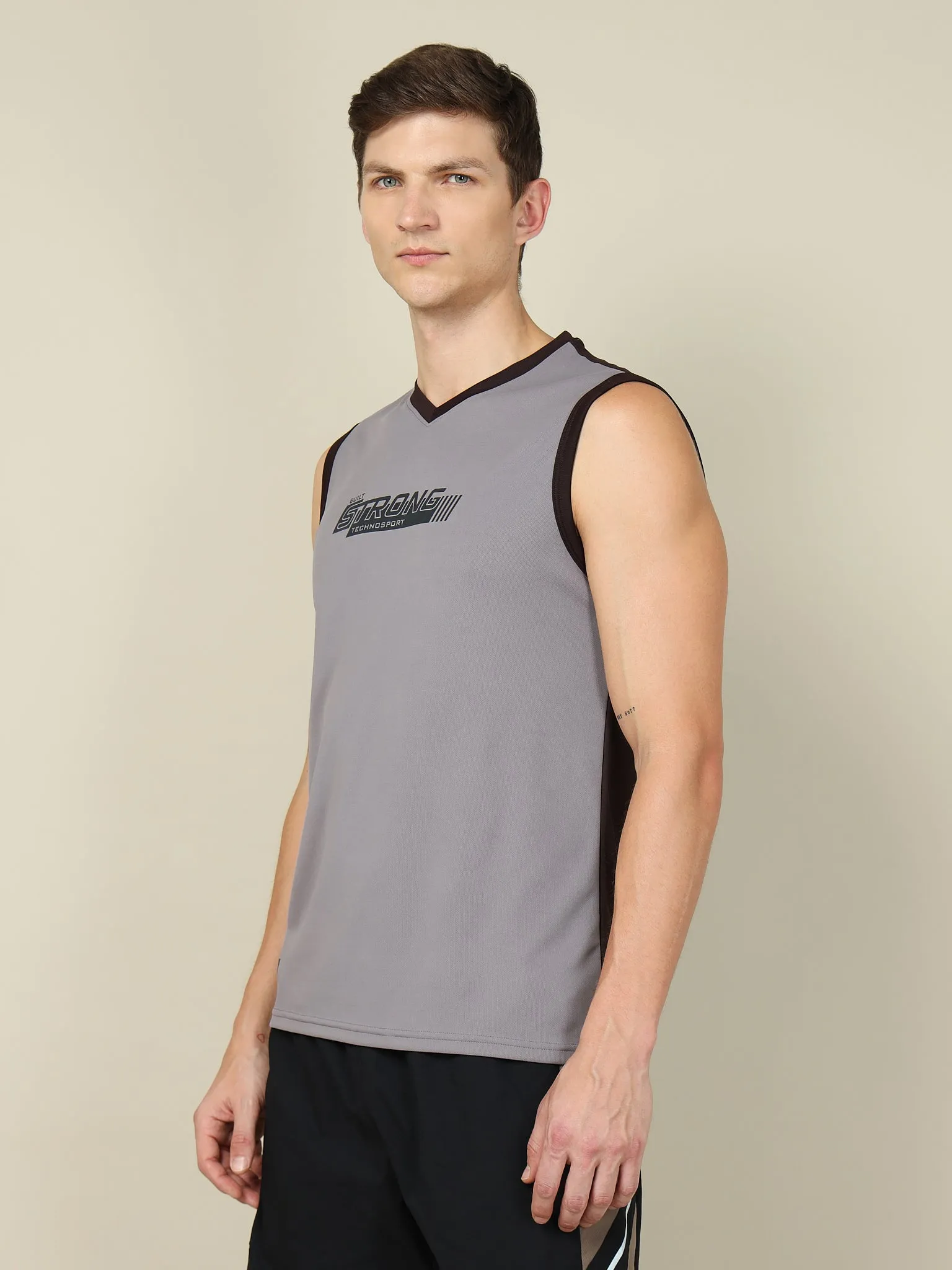 Men Solid Slim Fit V Neck Sleeveless T-shirt with TECHNO COOL  