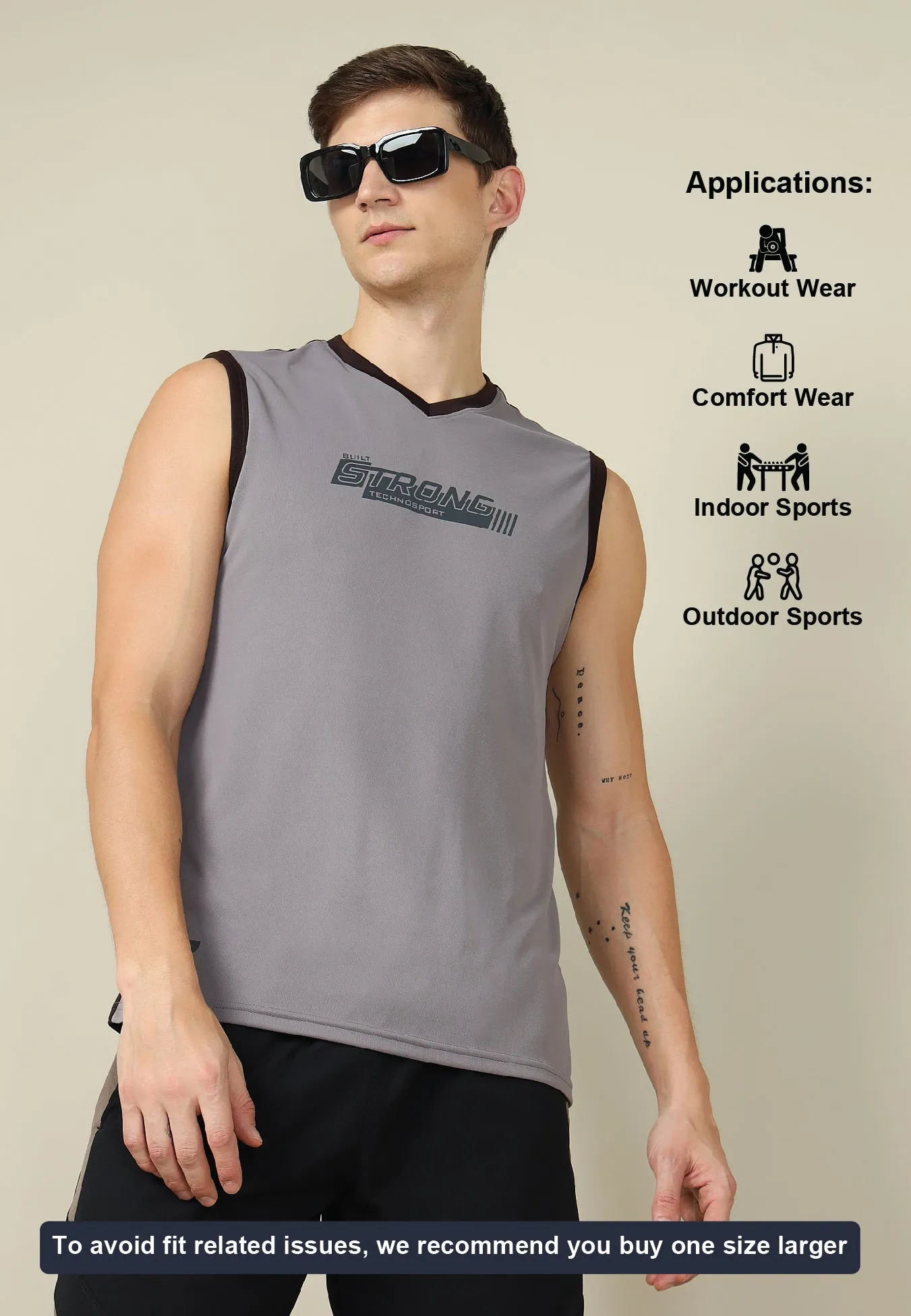 Men Solid Slim Fit V Neck Sleeveless T-shirt with TECHNO COOL  