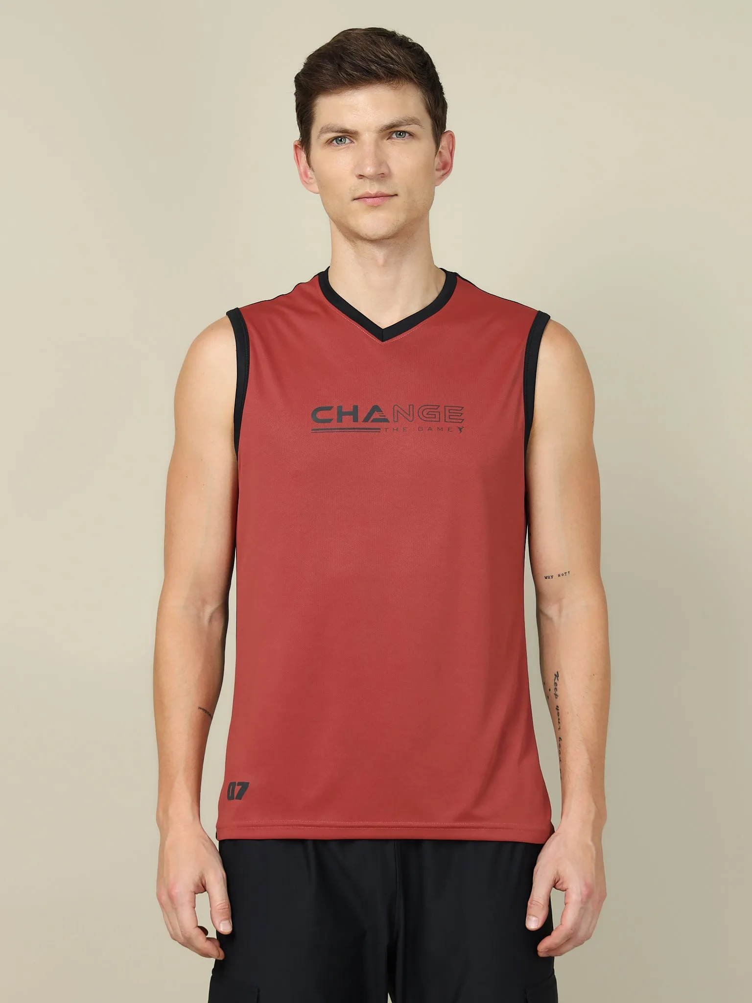 Men Solid Slim Fit V Neck Sleeveless T-shirt with TECHNO COOL  