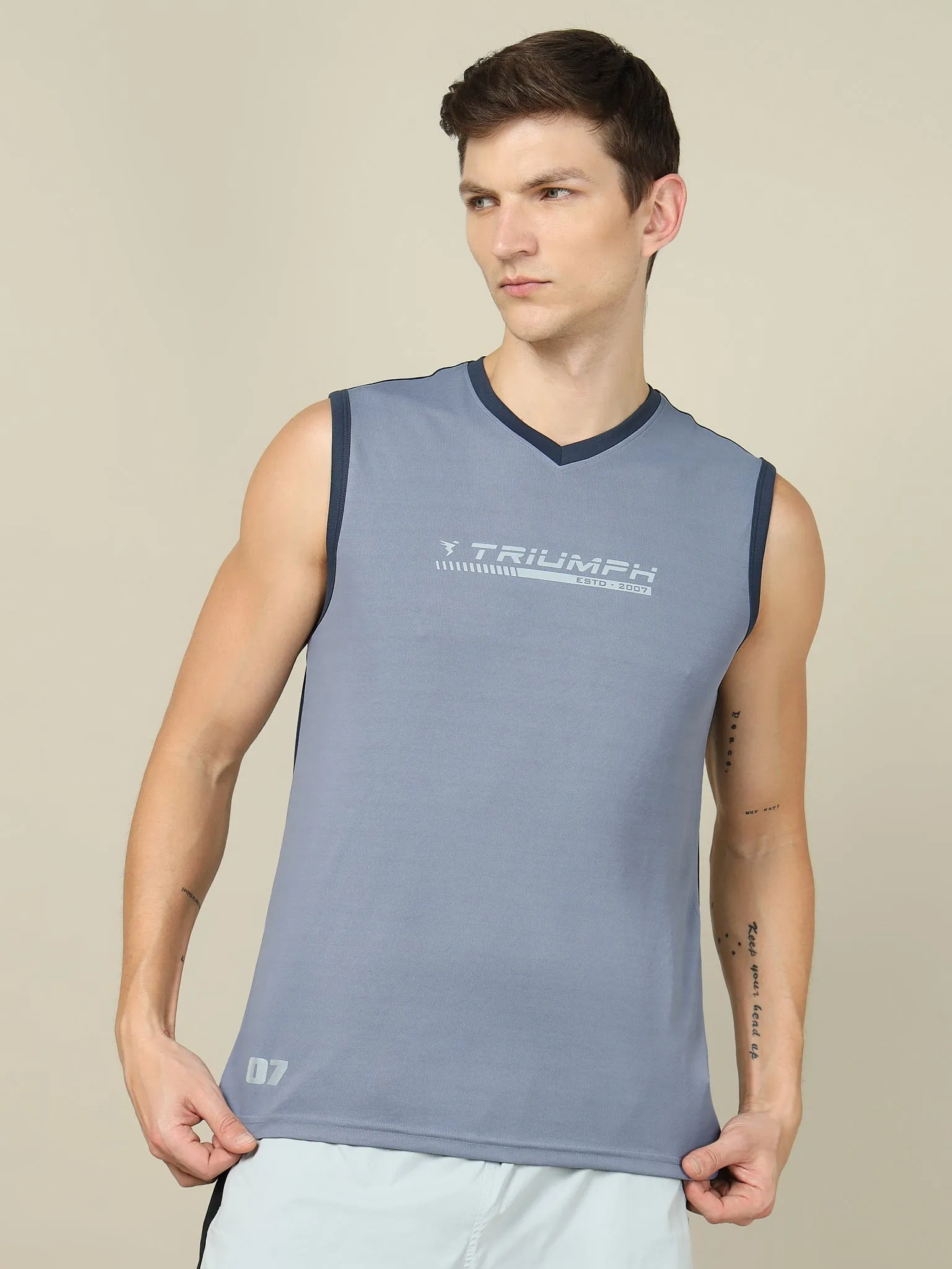 Men Solid Slim Fit V Neck Sleeveless T-shirt with TECHNO COOL  