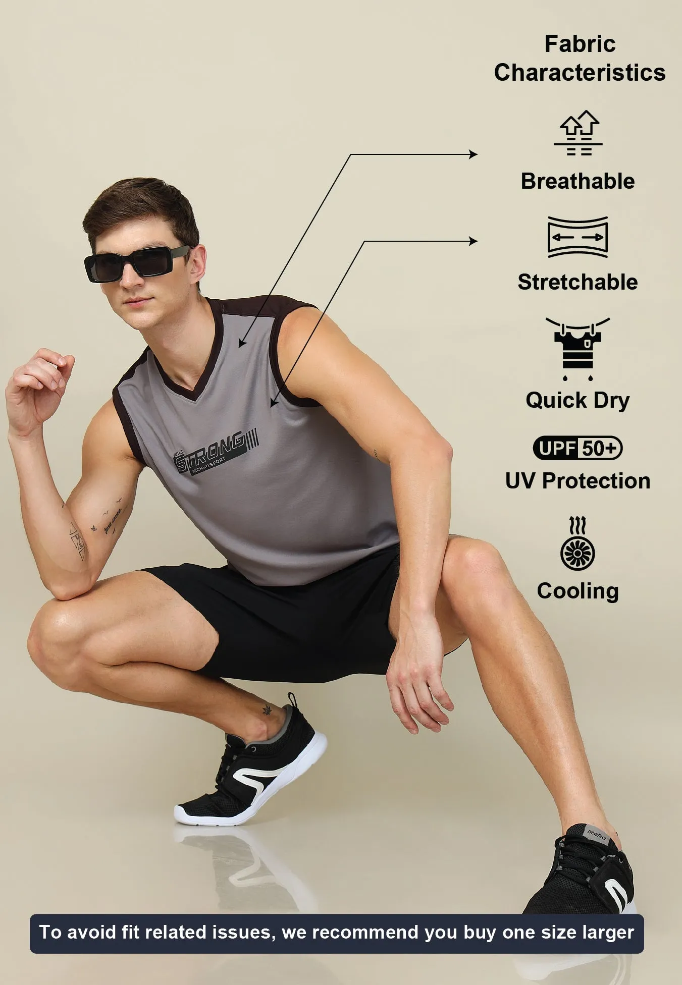 Men Solid Slim Fit V Neck Sleeveless T-shirt with TECHNO COOL  