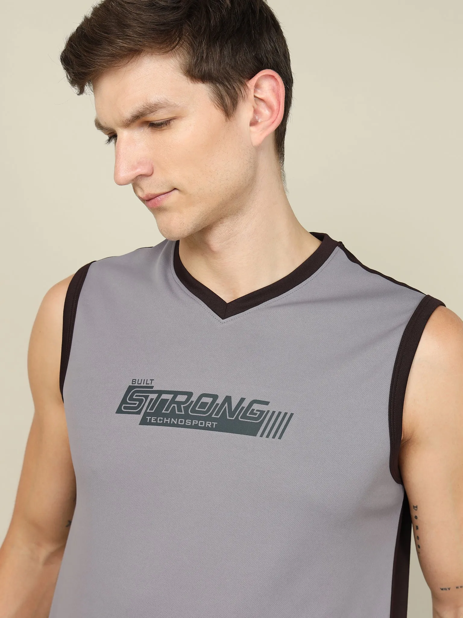 Men Solid Slim Fit V Neck Sleeveless T-shirt with TECHNO COOL  