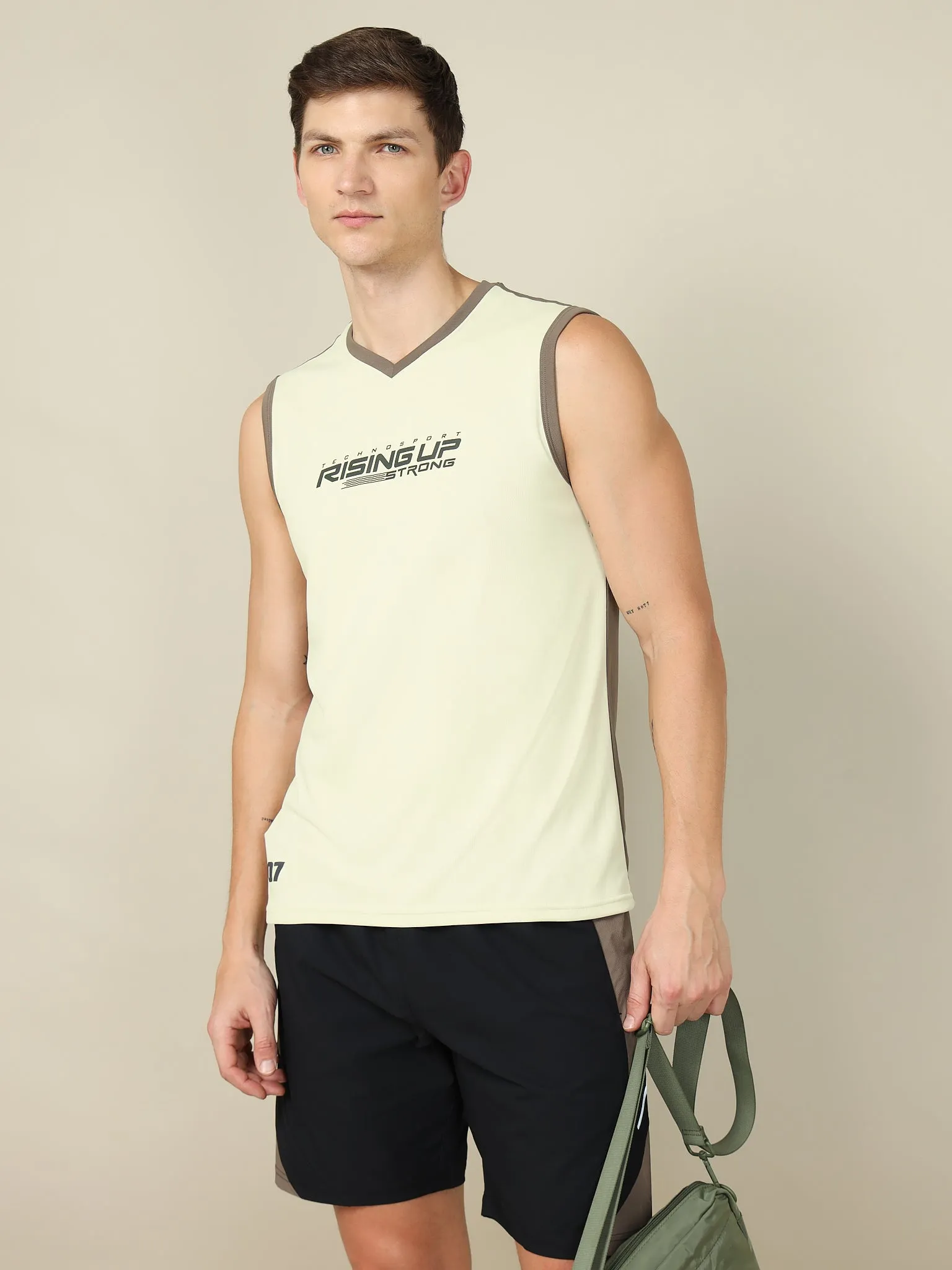 Men Solid Slim Fit V Neck Sleeveless T-shirt with TECHNO COOL  