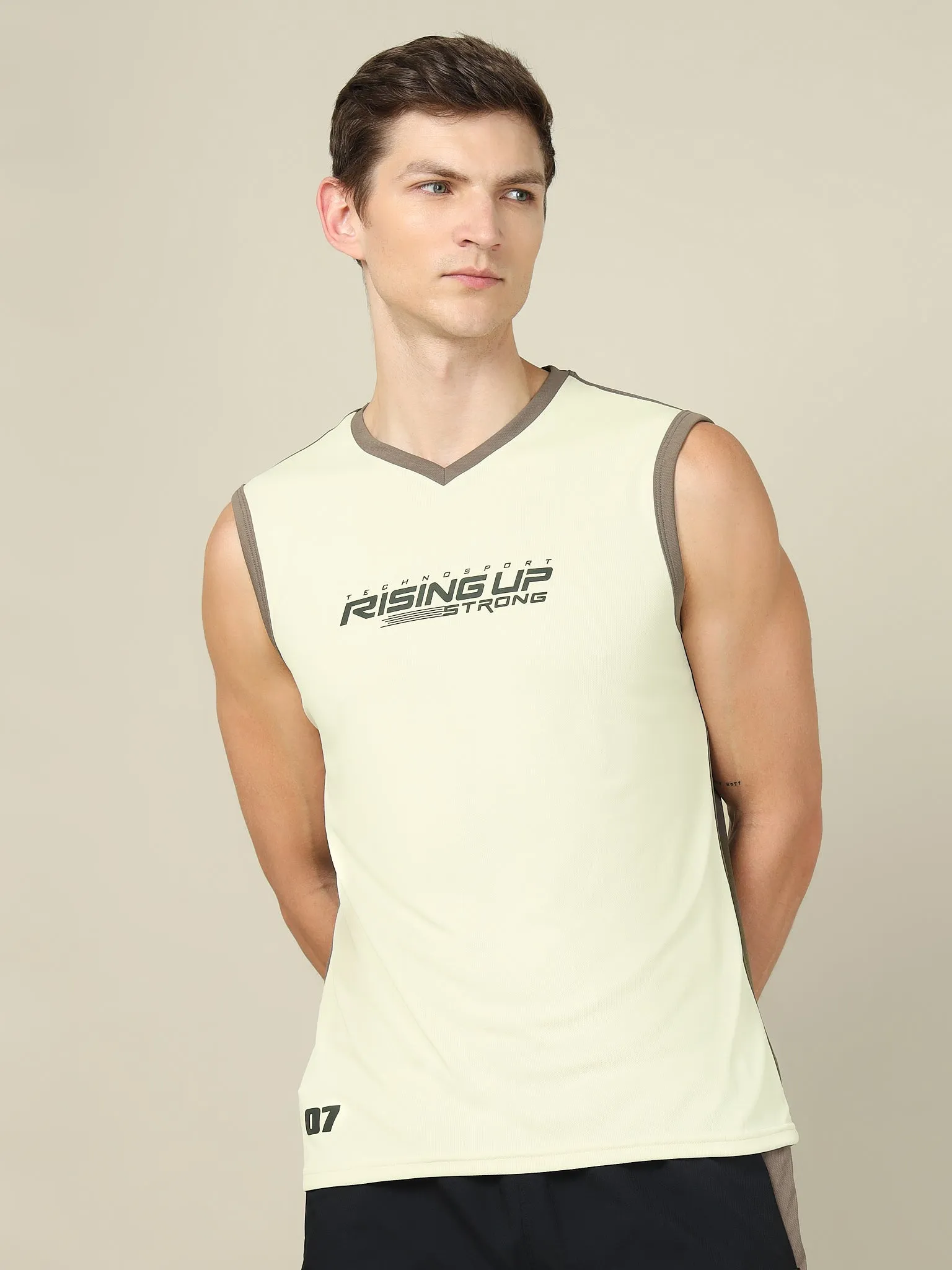 Men Solid Slim Fit V Neck Sleeveless T-shirt with TECHNO COOL  