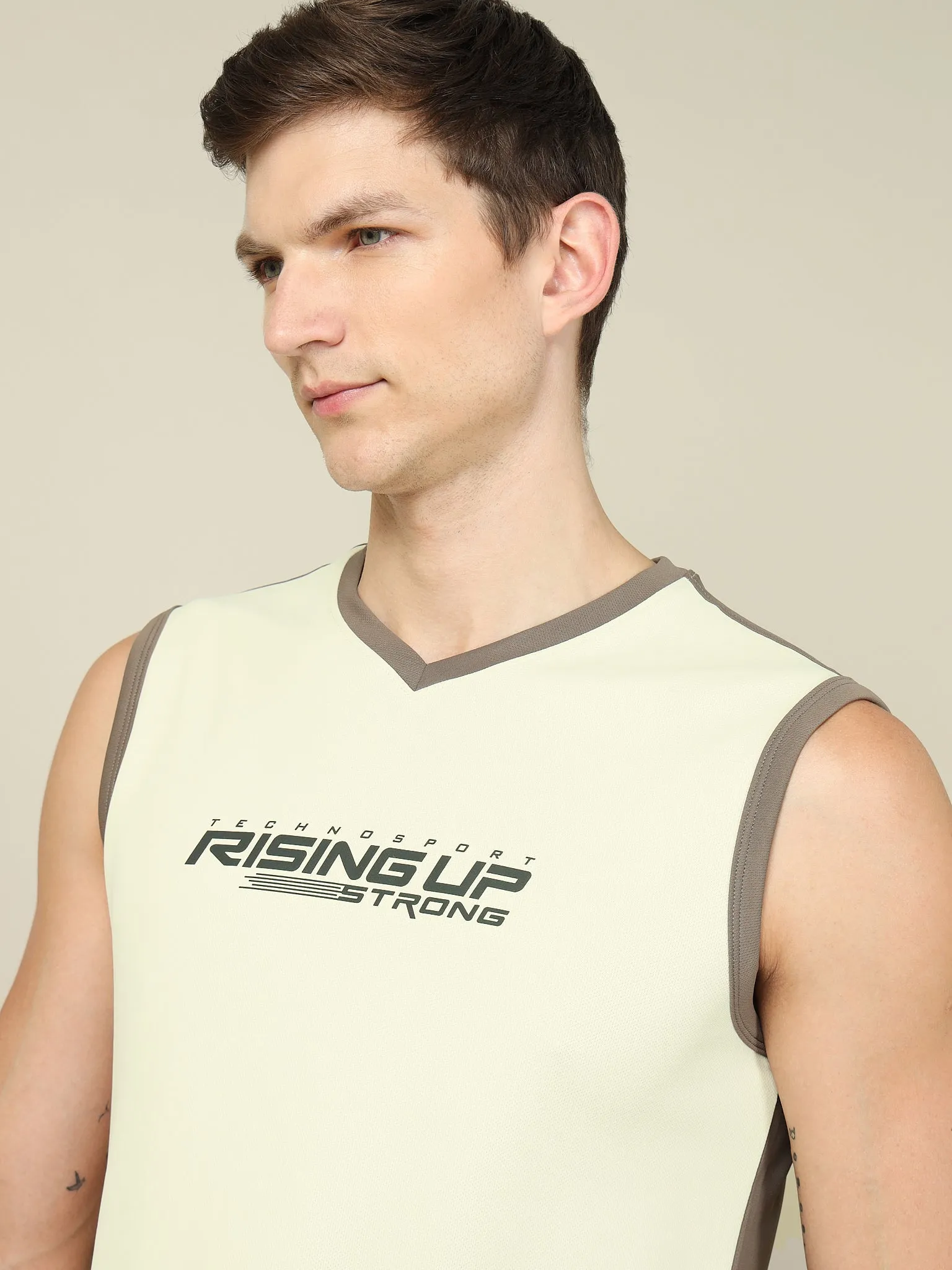 Men Solid Slim Fit V Neck Sleeveless T-shirt with TECHNO COOL  