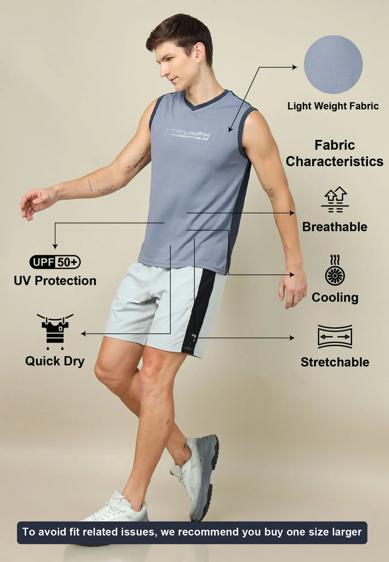Men Solid Slim Fit V Neck Sleeveless T-shirt with TECHNO COOL  