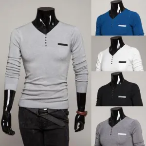 Men's 2 Tone Button Up V Neck Sweater