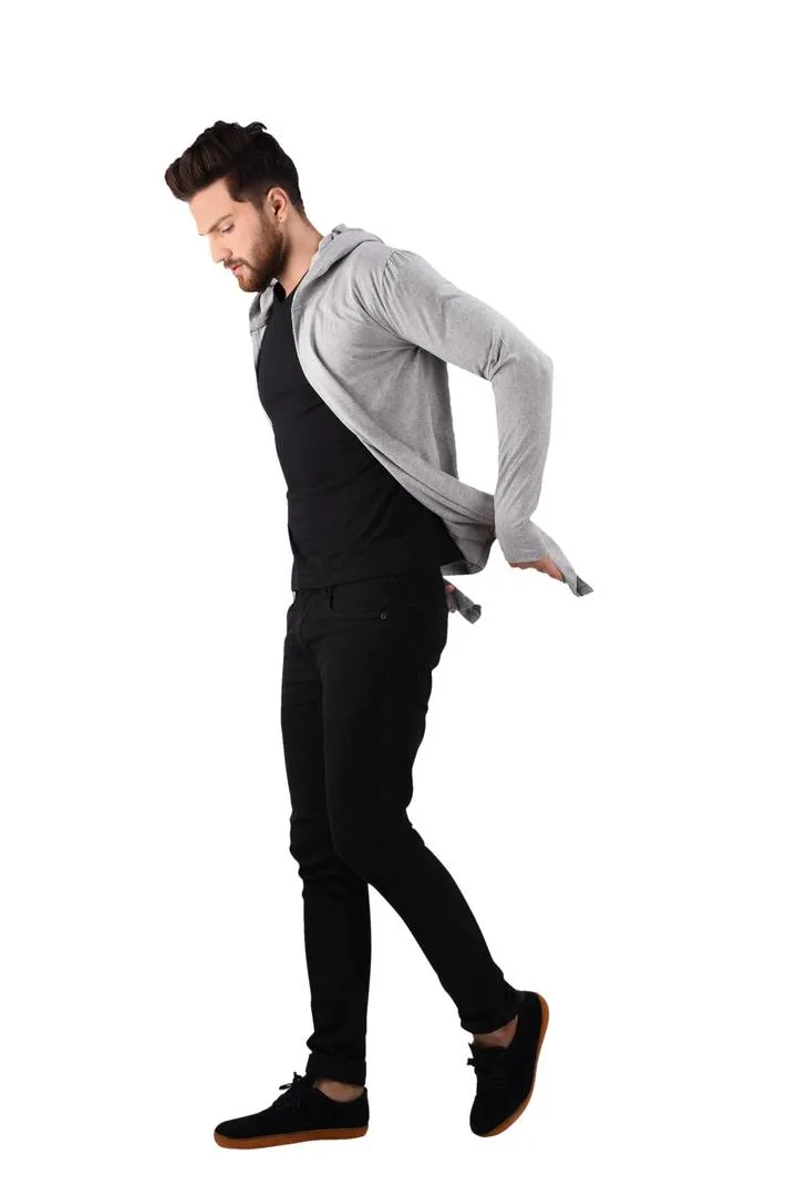 Men's Grey Cotton Blend Solid Long Sleeves Cardigan