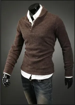 Men's Pullover Button Up High Collar Sweater