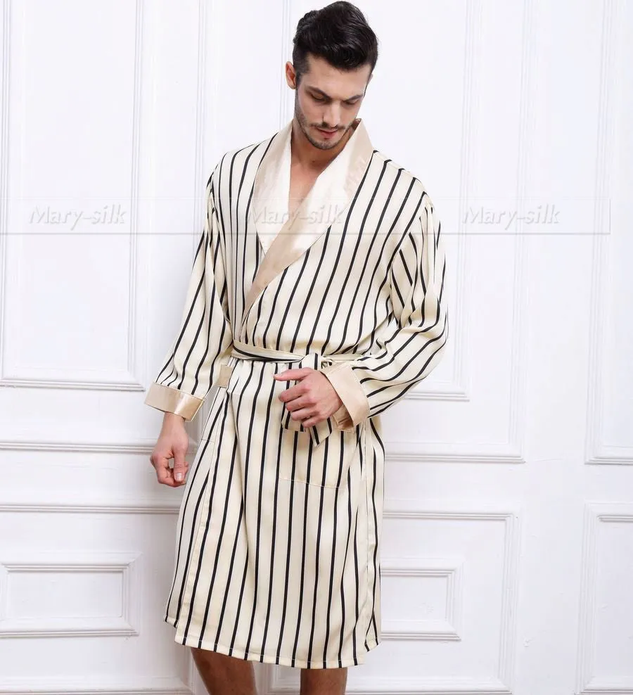Mens Silk Satin Pajamas Pajama Pyjamas PJS Sleepwear Robe Robes Nightgown Robes S M L XL 2XL 3XL Plus Beige Blue Striped