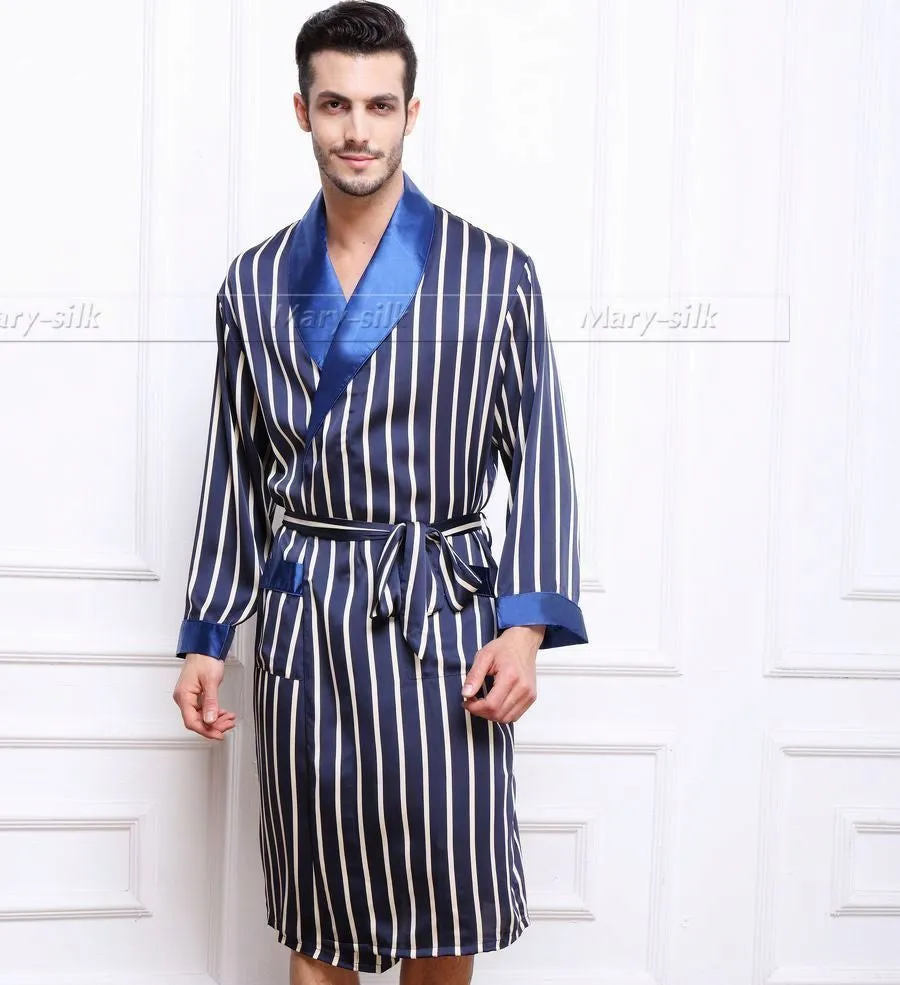 Mens Silk Satin Pajamas Pajama Pyjamas PJS Sleepwear Robe Robes Nightgown Robes S M L XL 2XL 3XL Plus Beige Blue Striped