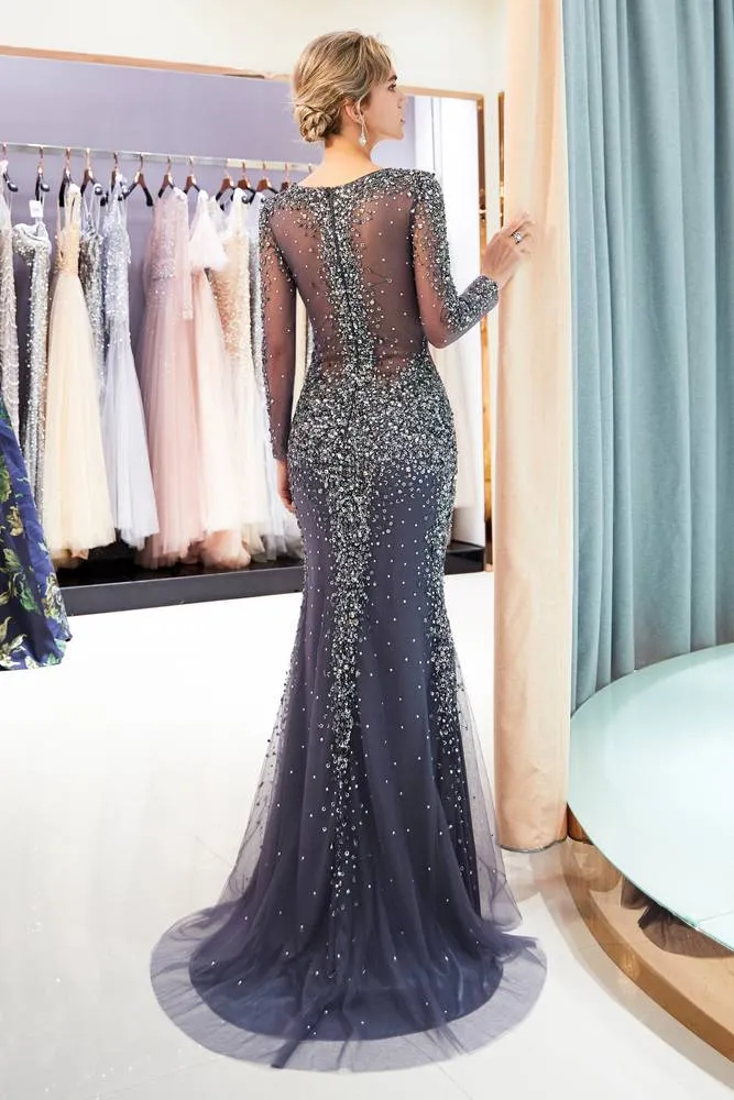 Mermaid Long Sleeves See-Through Beaded Charcoal Evening Dress