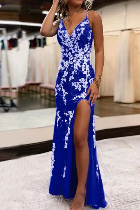 Mermaid V-Neck Appliques Prom Dress with Slit