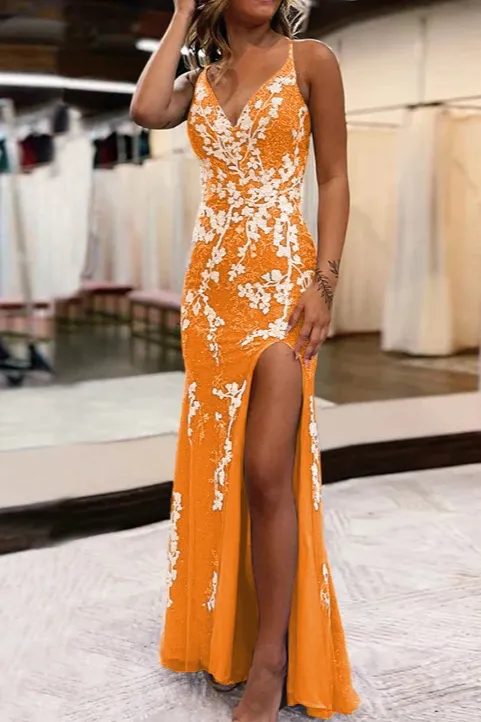 Mermaid V-Neck Appliques Prom Dress with Slit