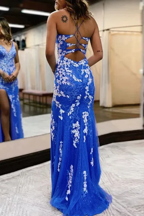 Mermaid V-Neck Appliques Prom Dress with Slit