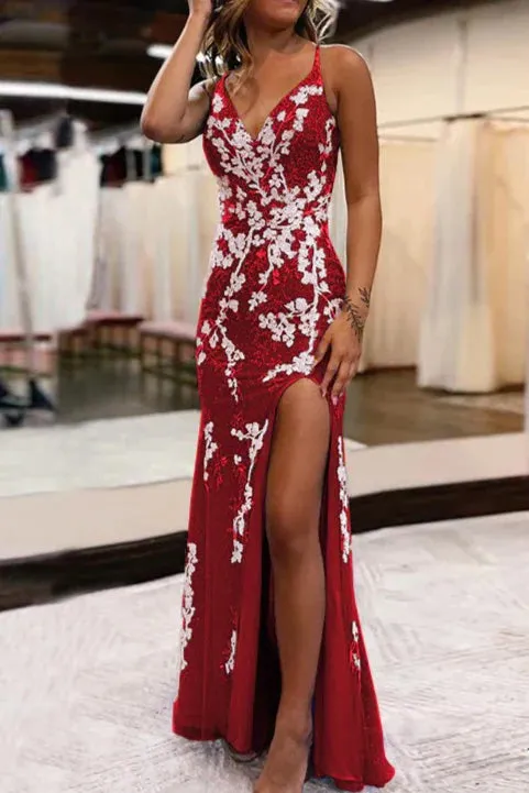 Mermaid V-Neck Appliques Prom Dress with Slit